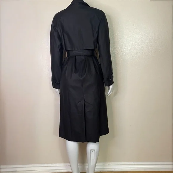 Black PU leather belted single breasted long trench coat - Picture 3 of 13